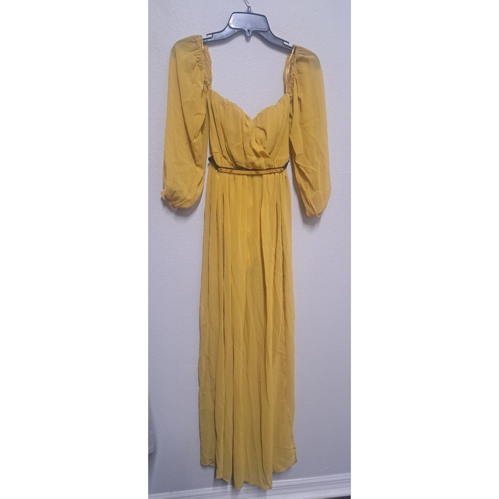 Fashion Nova Yellow Maxi Dress Size XS Long Sleeve Belted V-Neck Flowy